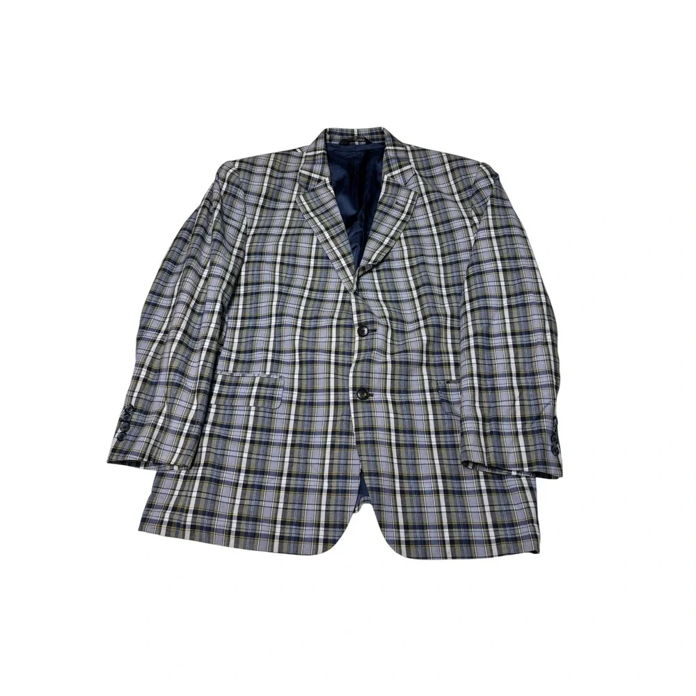 Jos A Bank Mens 44S Plaid Sport Coat Blue Green White 100% Cotton Blazer